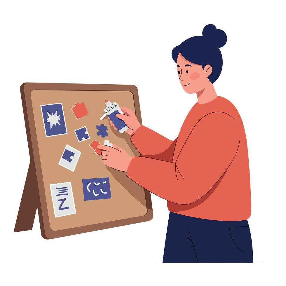 Woman arranging photo collage on wooden board creative hobby and leisure activity illustration vector