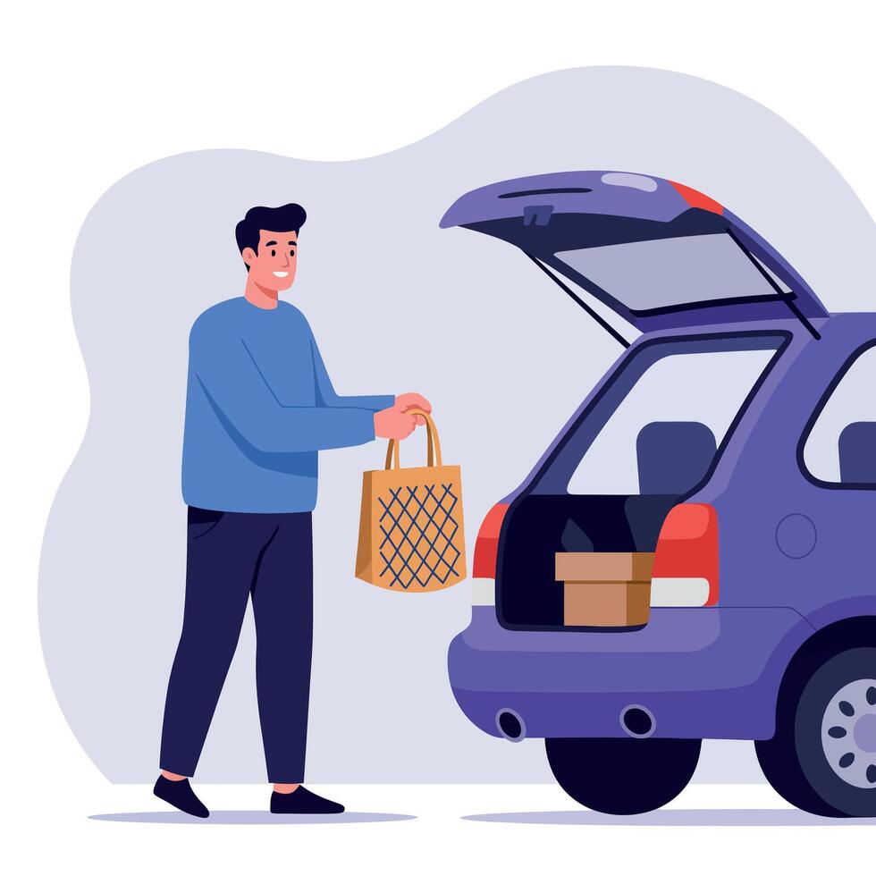 Man loading groceries into purple car trunk in casual outfit carrying shopping bag illustration vector