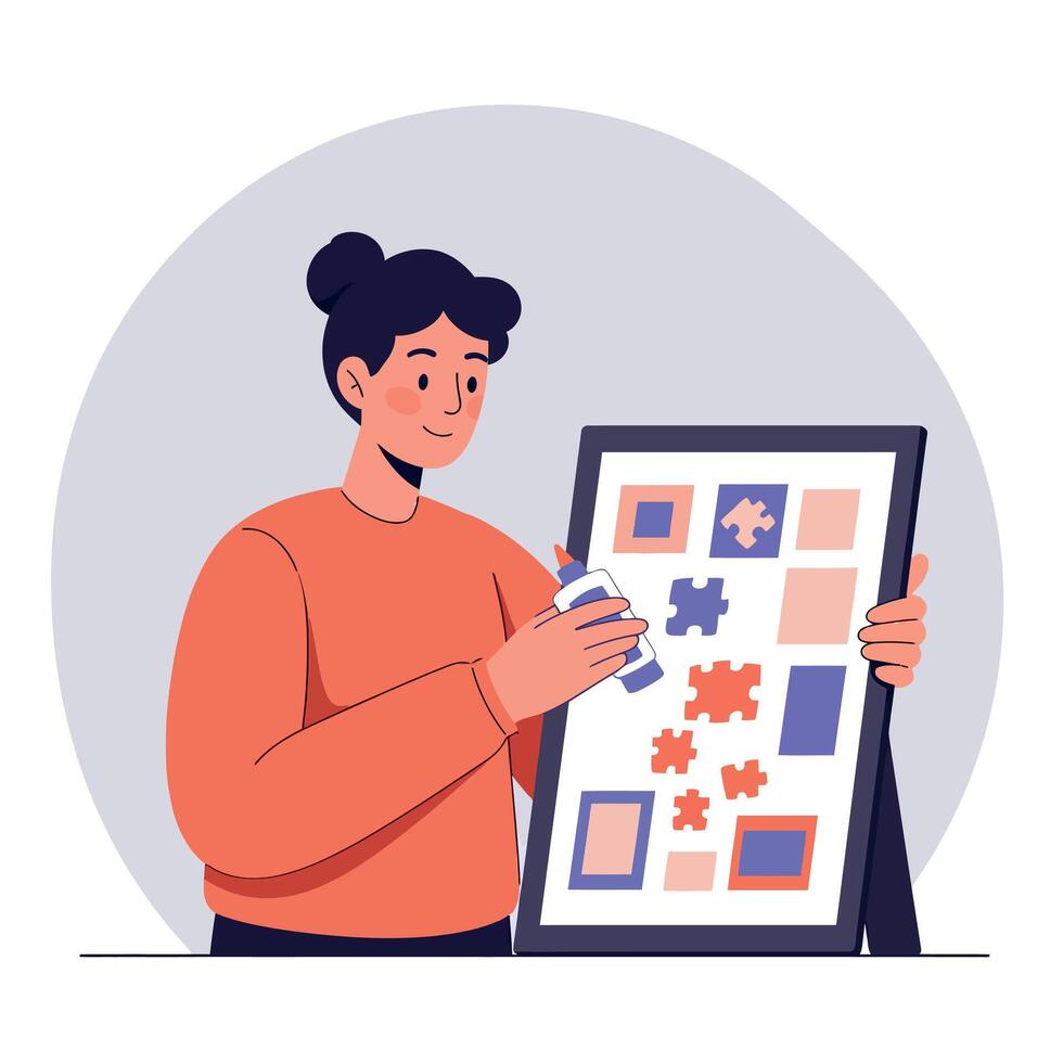 Woman assembling colorful puzzle pieces on board in casual lifestyle scene illustration vector