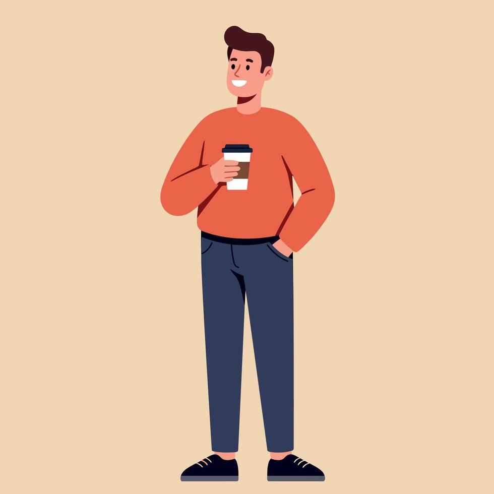 Young man holding coffee cup in casual outfit smiling standing illustration vector