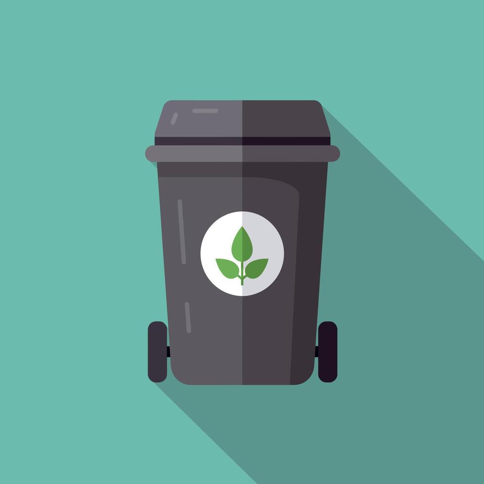 Eco-friendly green waste bin with long shadow on teal background illustration for recycling and environment awareness design vector