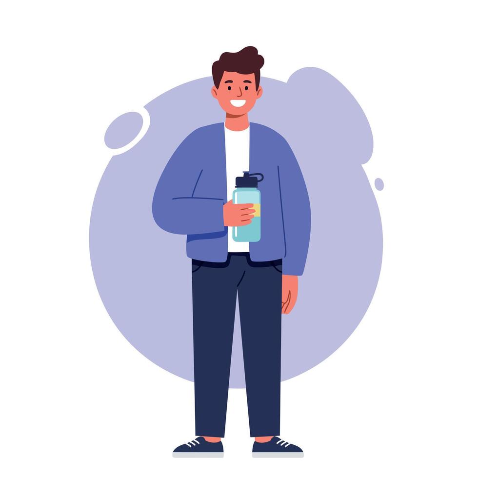 Young man holding reusable water bottle standing in casual wear with blue jacket and dark pants illustration vector