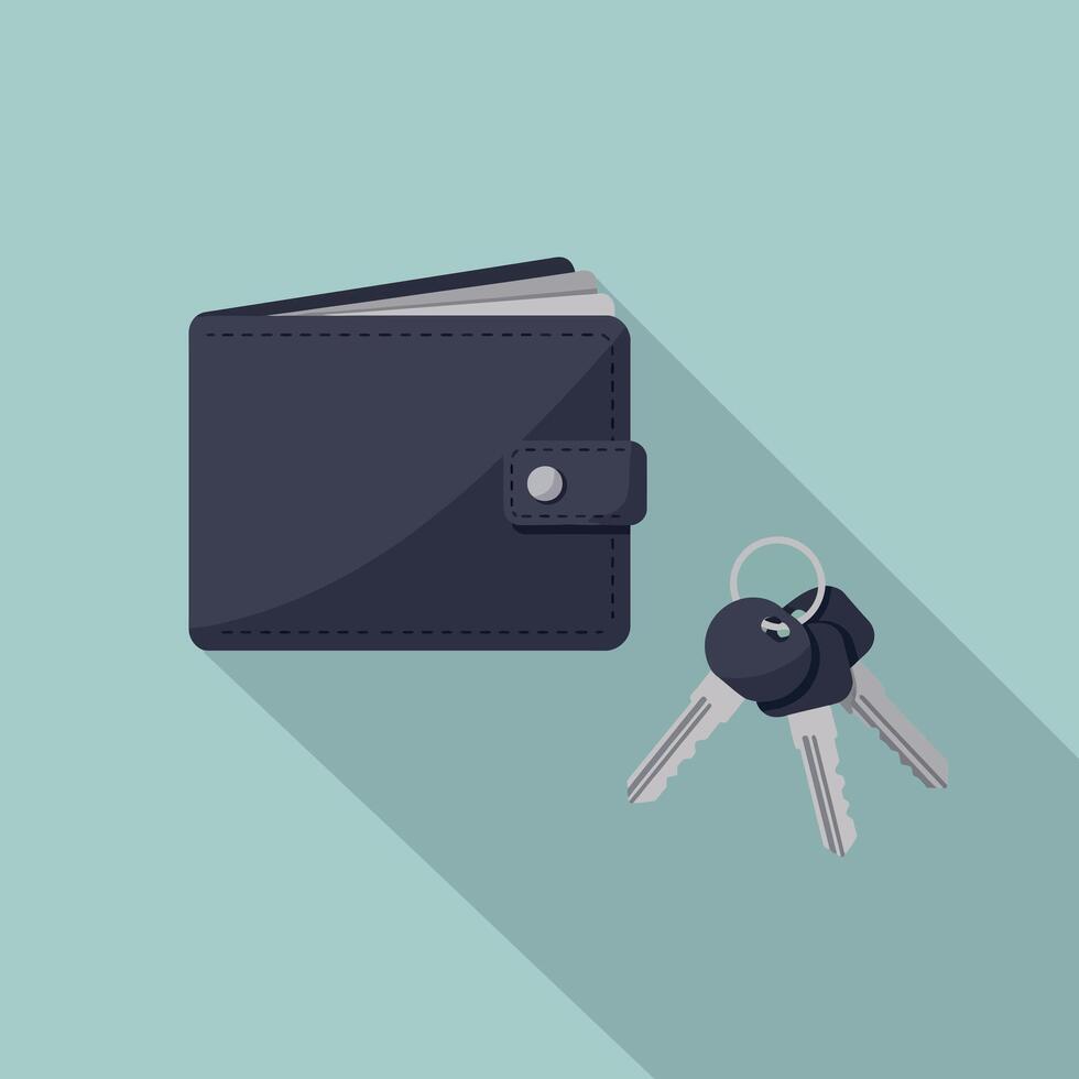 Wallet with keys flat design illustration showing everyday personal accessories and essentials with long shadows vector