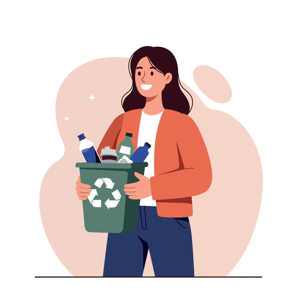 Woman holding recycling bin with plastic bottles promoting eco friendly waste sorting and environmental care at home vector