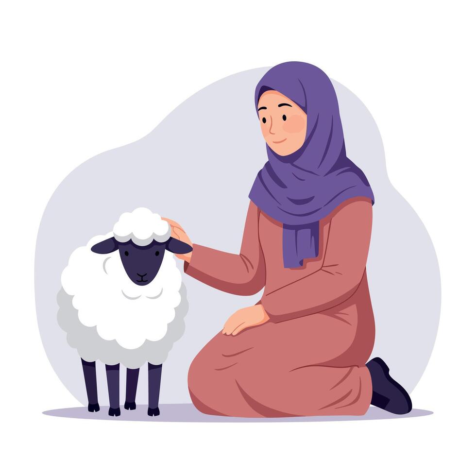 Woman in hijab petting white fluffy sheep sitting on ground in peaceful moment illustration vector
