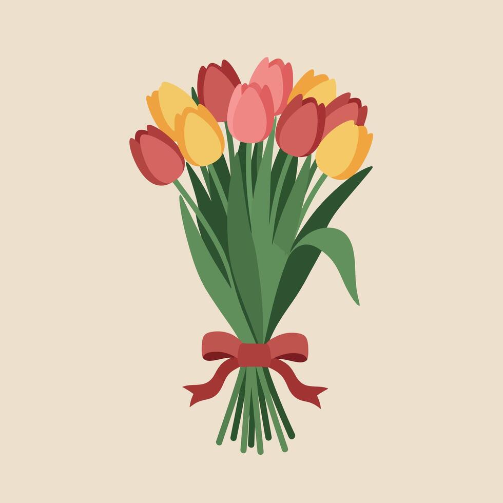 Bouquet of red yellow and pink tulips tied with red ribbon illustration for spring floral decoration vector