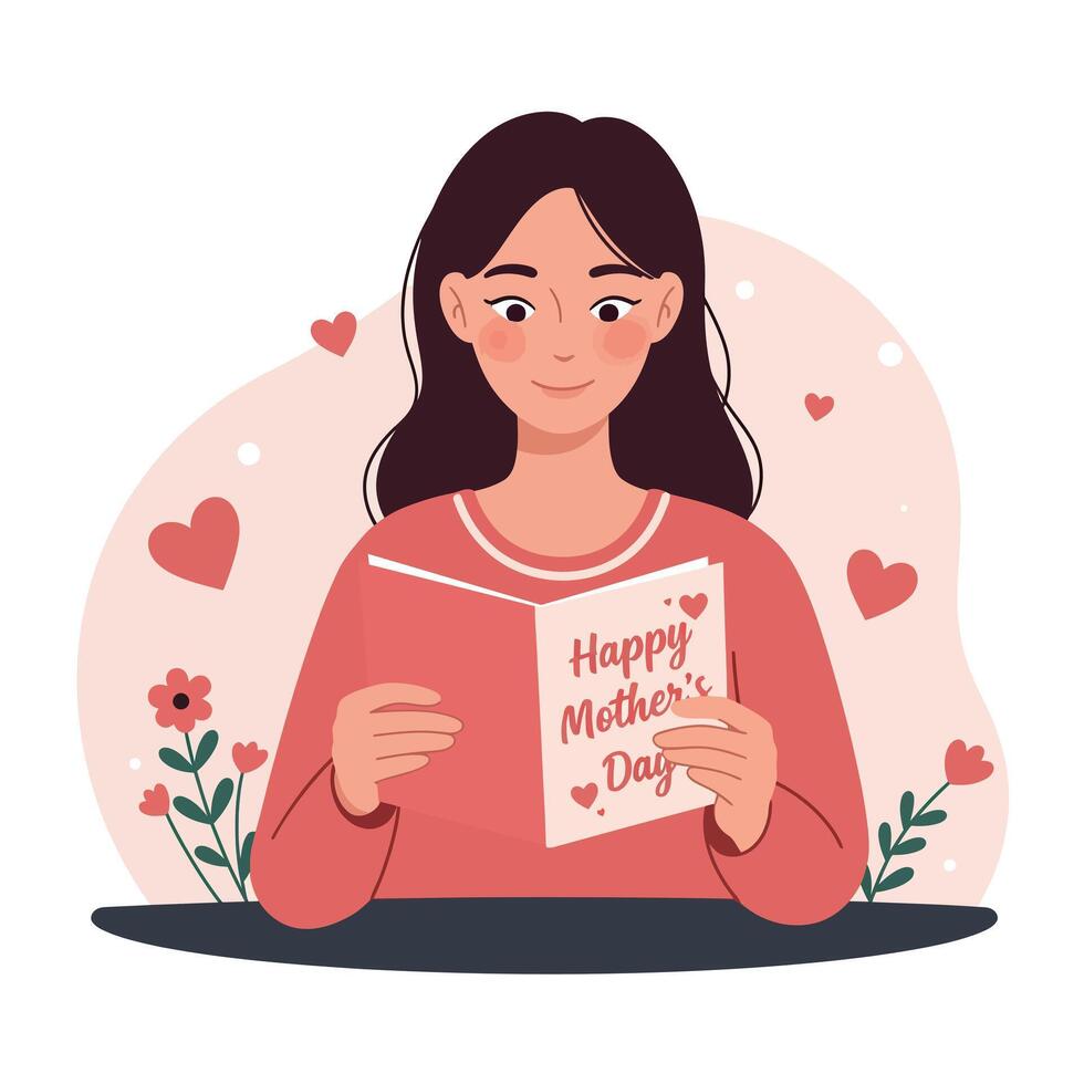 Woman reading happy mothers day greeting card surrounded by hearts and flowers illustration vector