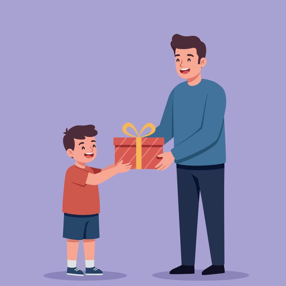 Father giving gift box to happy son with yellow ribbon in casual clothes illustration vector