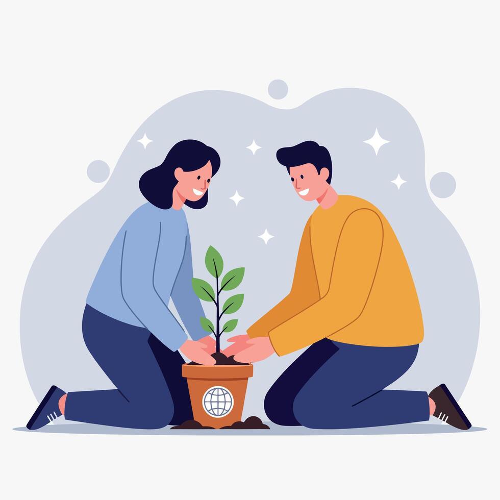 Young couple planting green sapling together caring for environment and nature conservation illustration vector