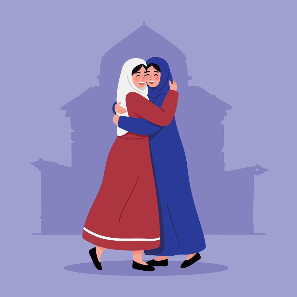 Two Muslim women embracing happily in traditional clothing with mosque silhouette background illustration vector