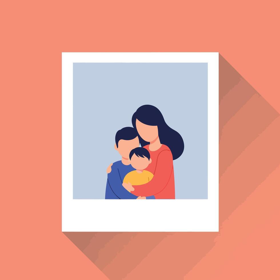 Family photo illustration with mother embracing two children on peach background in flat design style vector