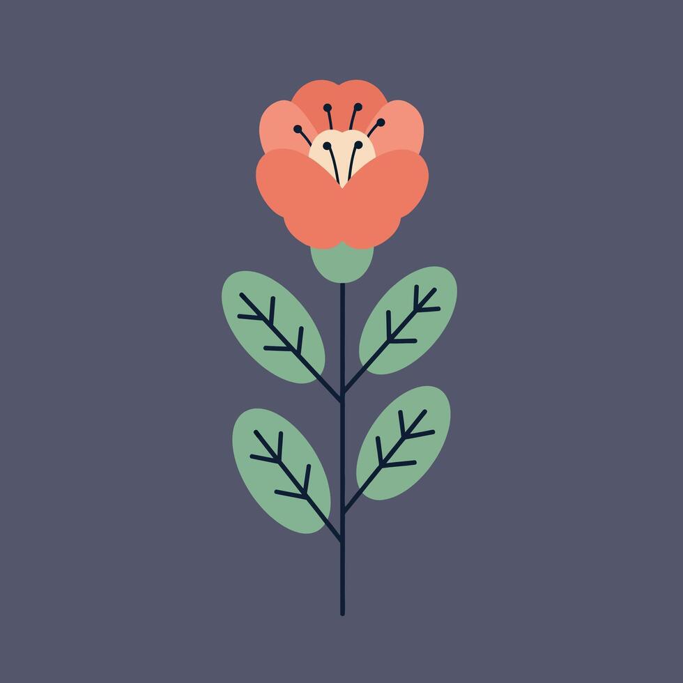 Simple stylized flower with coral petals and green leaves on dark background illustration for design and decoration vector
