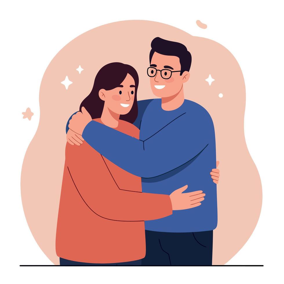 Couple embracing each other happily in casual clothes smiling illustration art vector