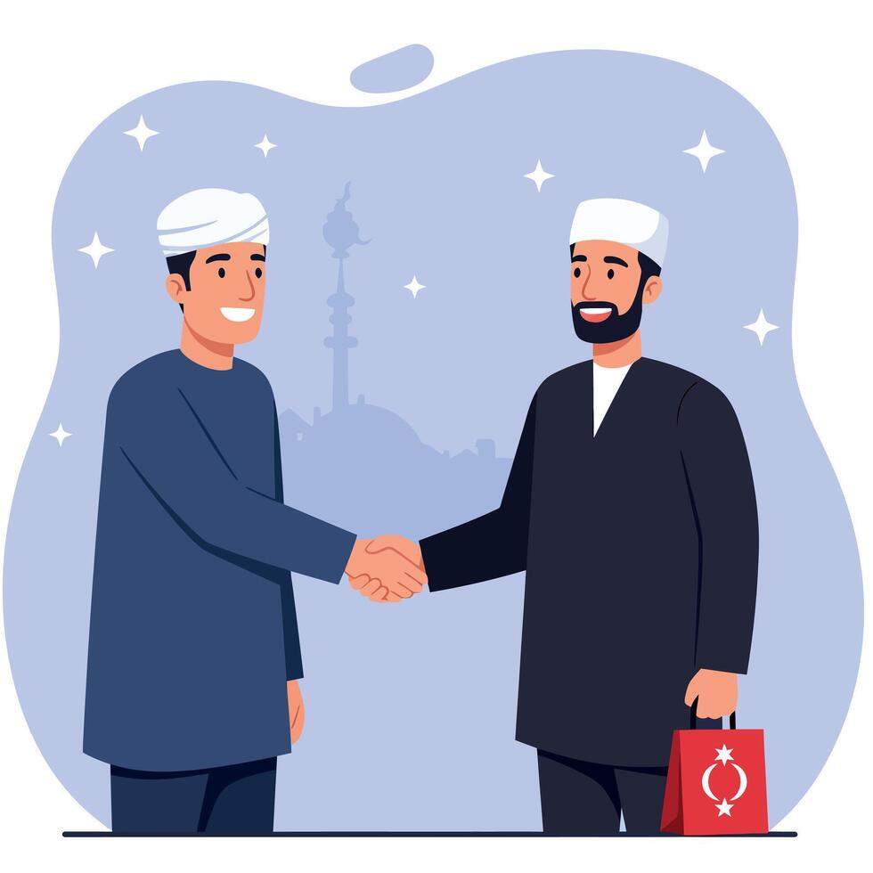 Two Muslim men shaking hands with mosque silhouette background in peaceful greeting illustration vector