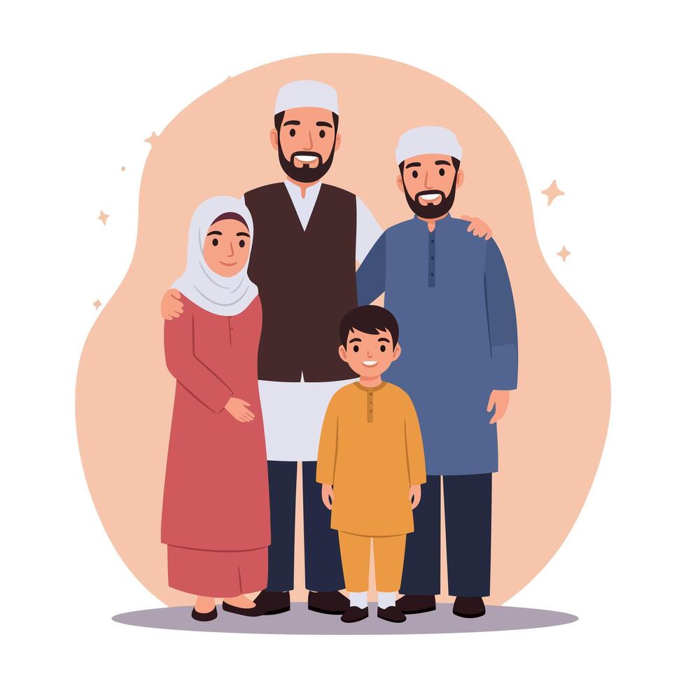Muslim family group with father, mother, son, and brother in traditional clothing illustration vector