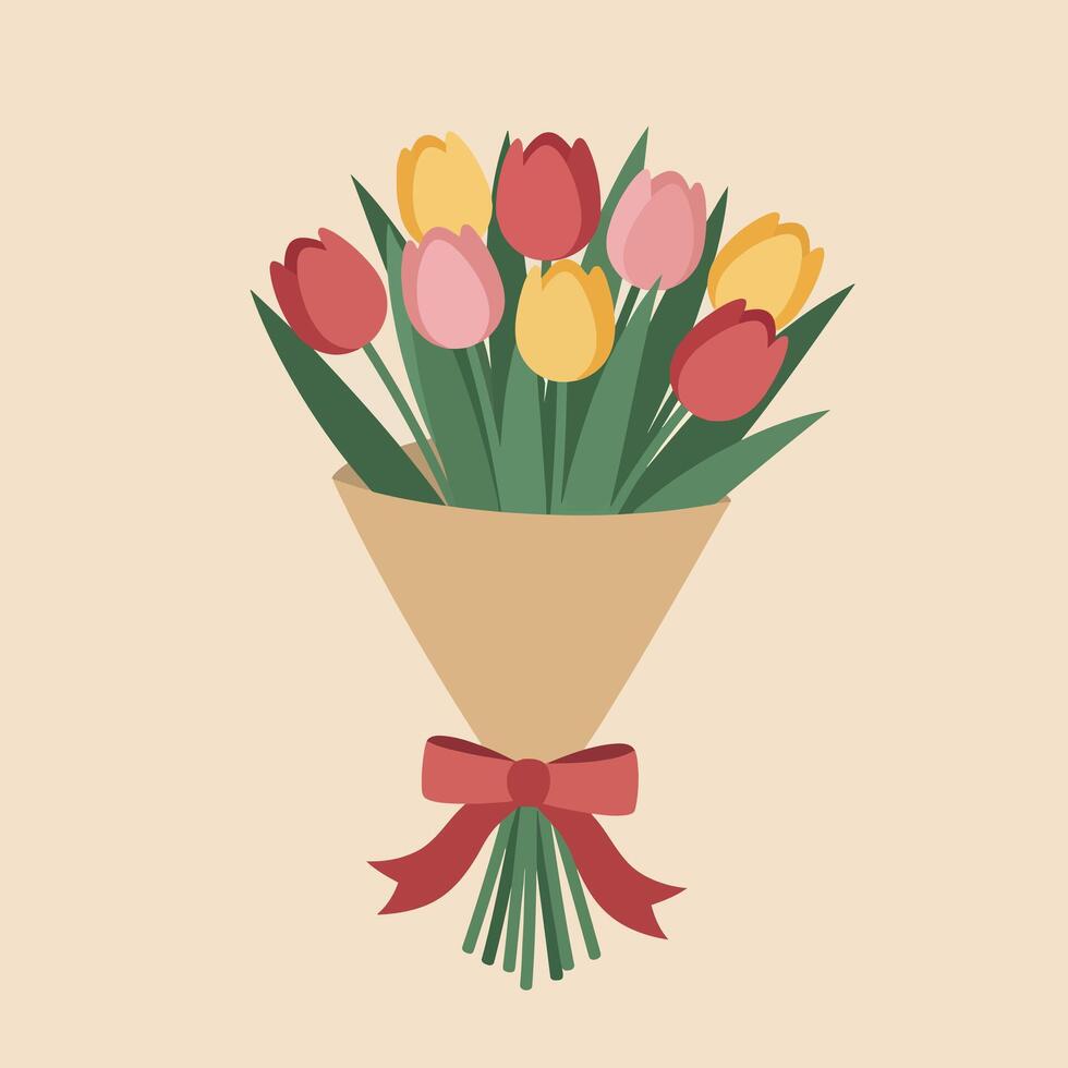 Tulip flower bouquet wrapped with ribbon in red yellow and pink colors illustration for gift and decoration purposes vector