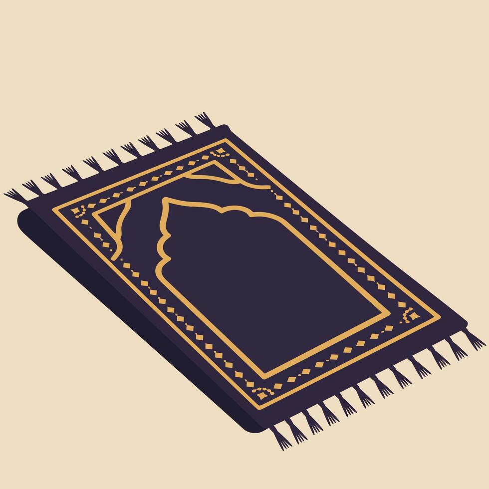 Islamic prayer rug with intricate golden patterns and tassels in vintage style illustration vector