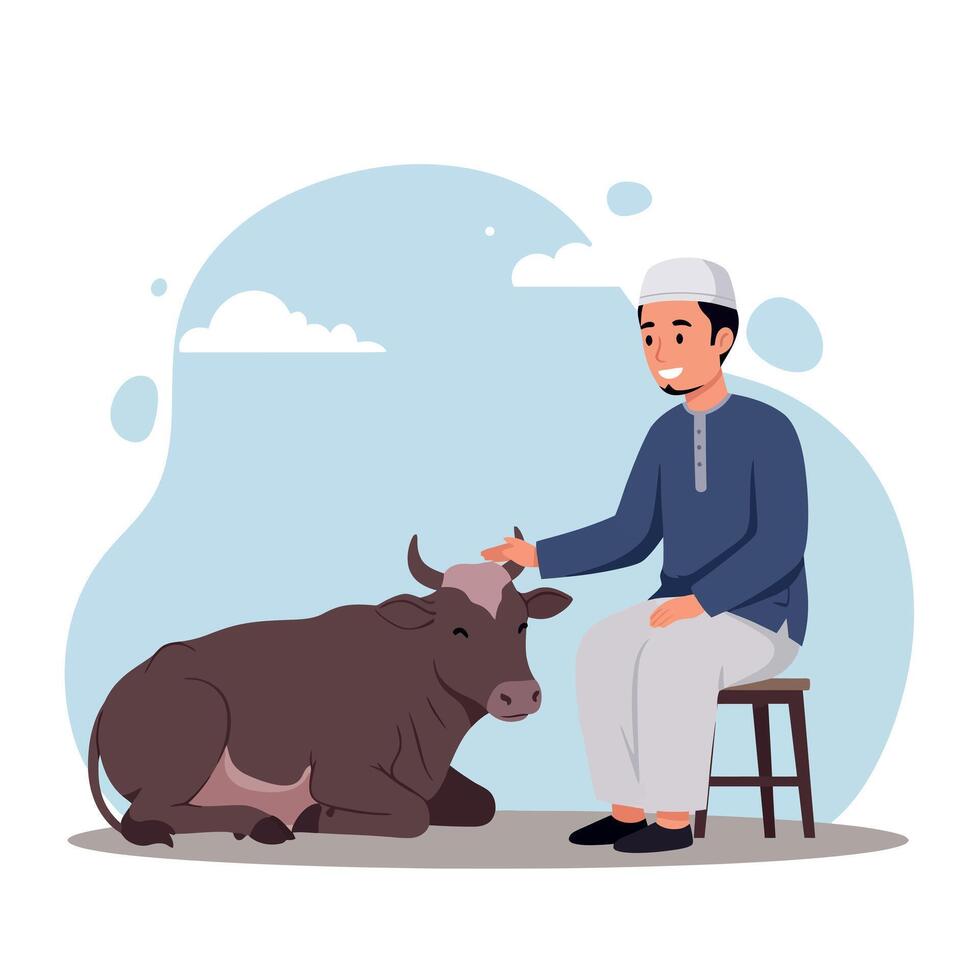 Man in traditional clothing sitting on stool petting brown cow resting on ground illustration vector