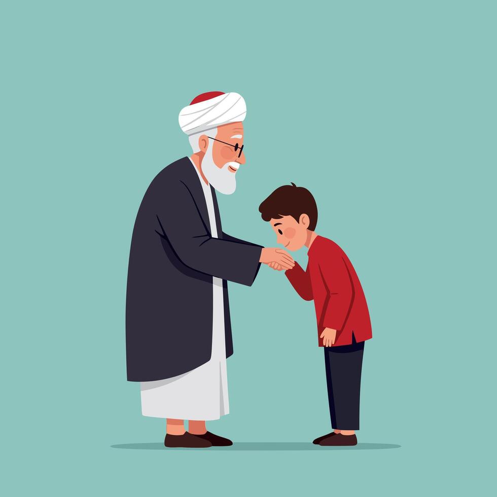 Elderly man with white beard wearing traditional clothing blessing young boy in red shirt respectful gesture illustration vector