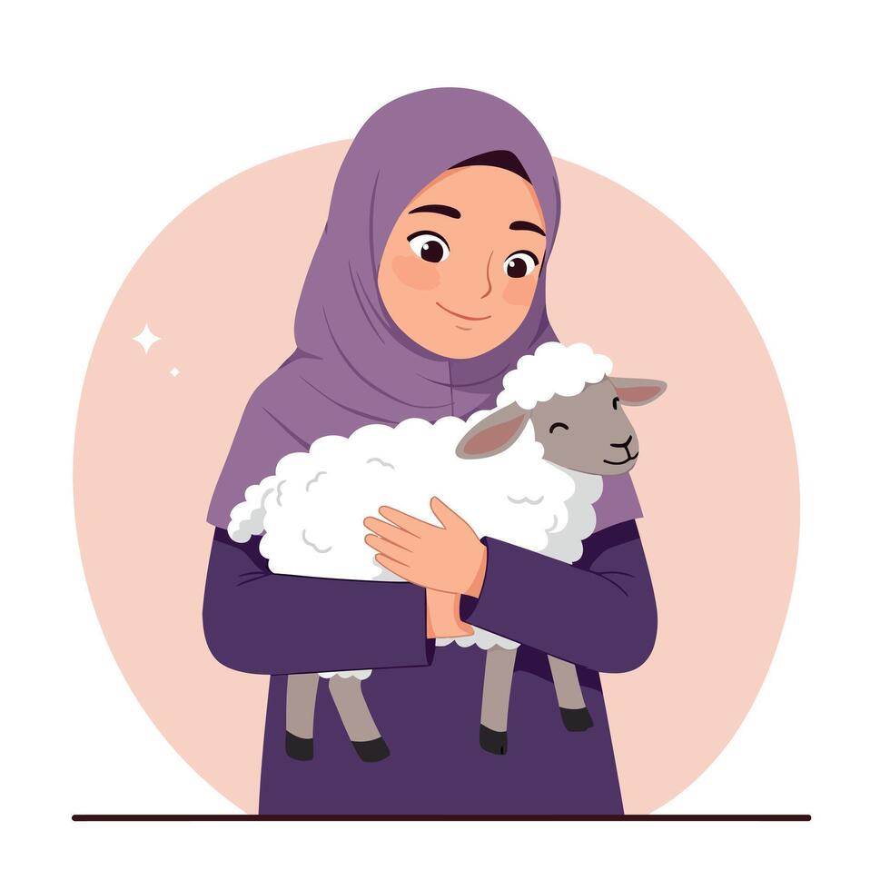 Muslim girl in purple hijab holding a white sheep with gentle expression illustration vector