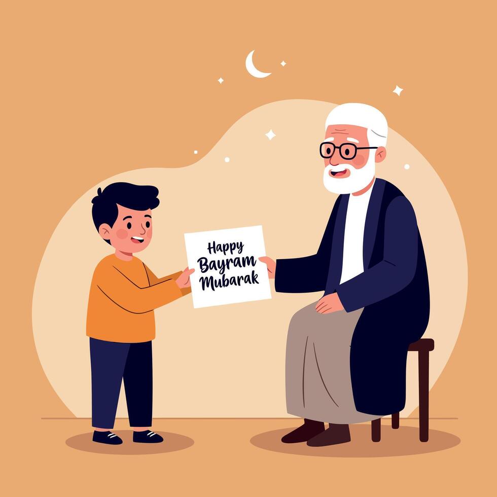 Child giving Happy Bayram Mubarak greeting card to grandfather celebrating Muslim holiday family moment vector