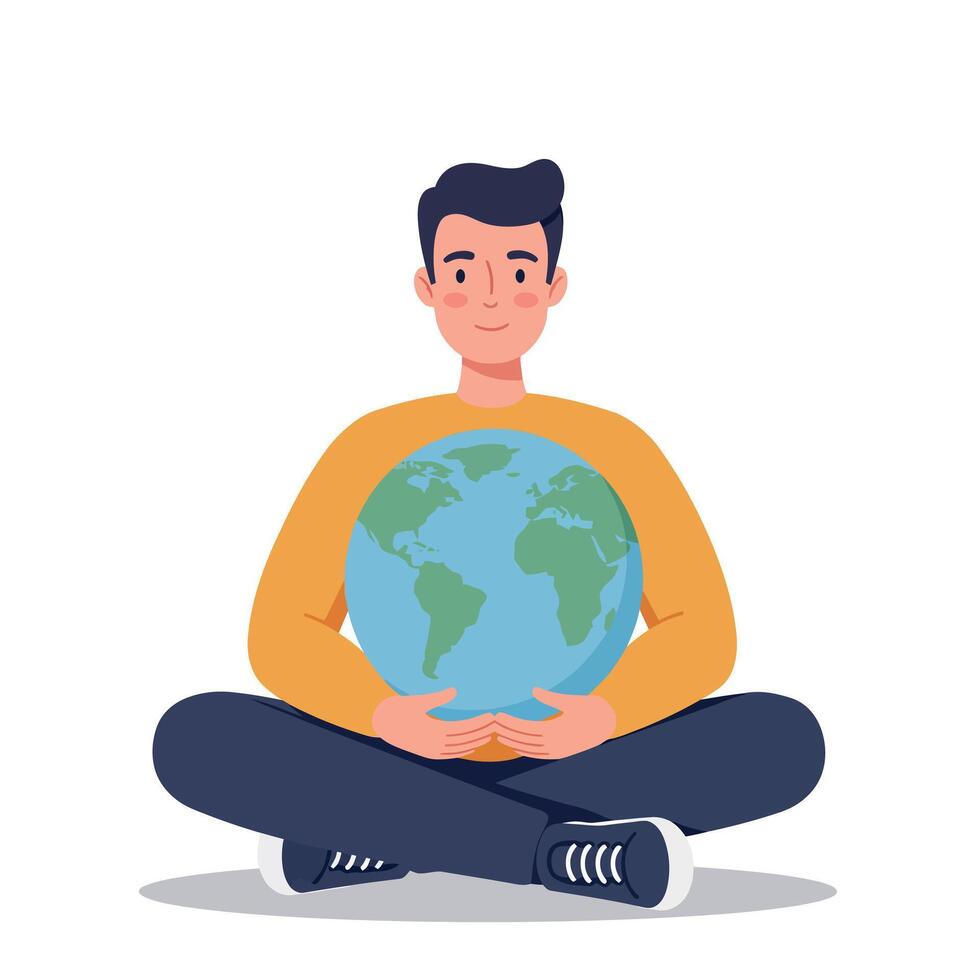 Young man sitting cross-legged holding globe earth symbol of environmental care and global awareness in style vector