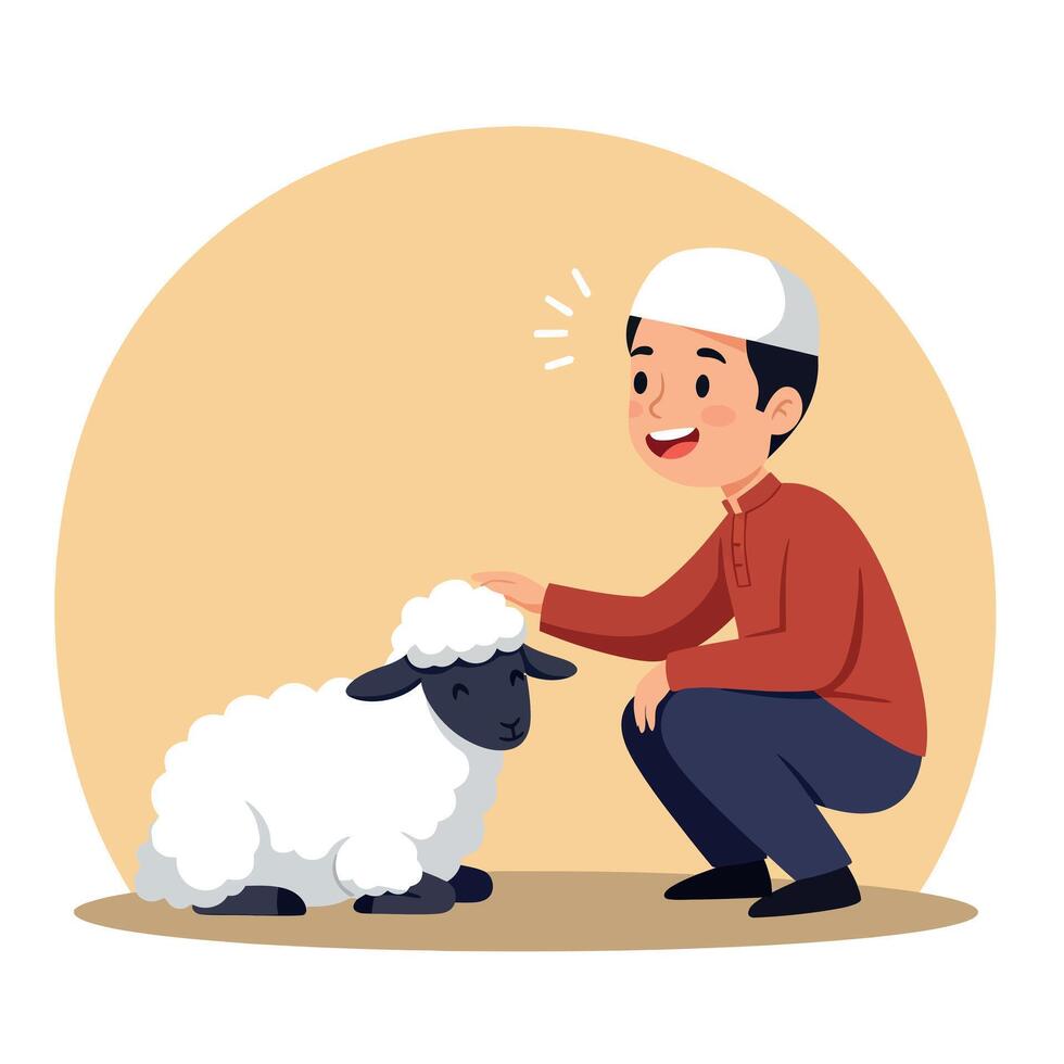 Boy in white cap petting fluffy sheep in warm beige circle background illustration vector