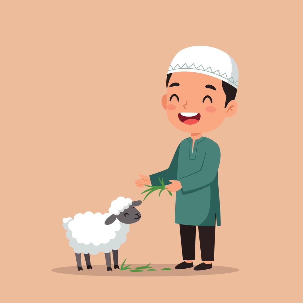 Boy feeding sheep cartoon illustration with traditional Muslim cap and green outfit image vector
