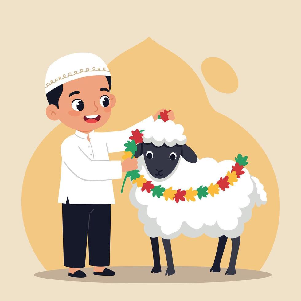 Muslim boy decorating white sheep with colorful garland for Eid al-Adha celebration illustration vector