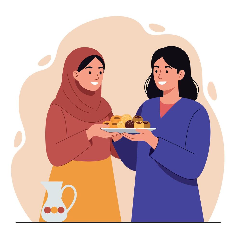 Two women sharing plate of assorted pastries and juice in casual setting illustration vector