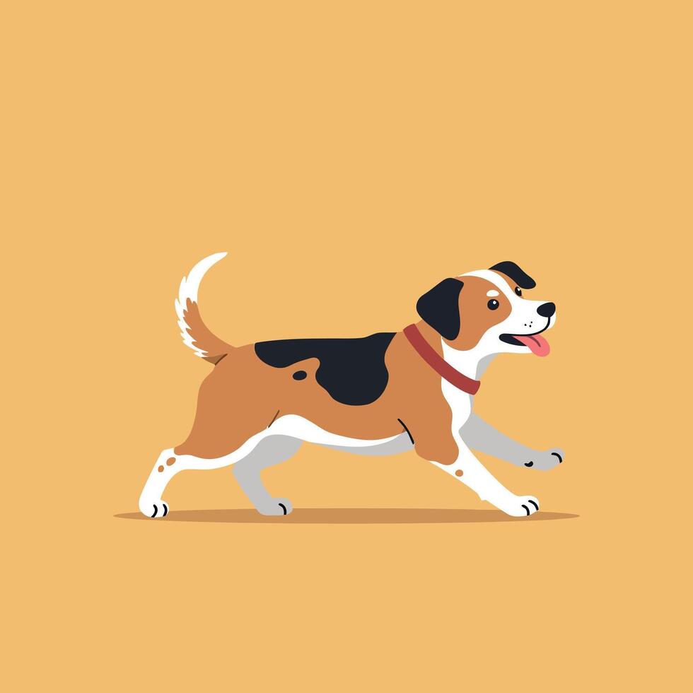 Beagle dog walking happily on yellow background illustration in square format for pet lovers and animal care designs vector