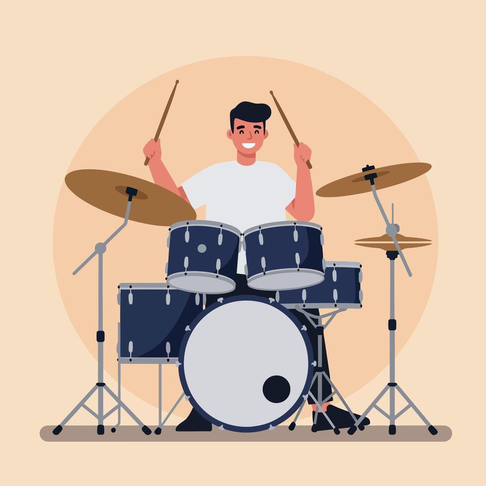 Drummer playing drum set with drumsticks in music performance illustration vector