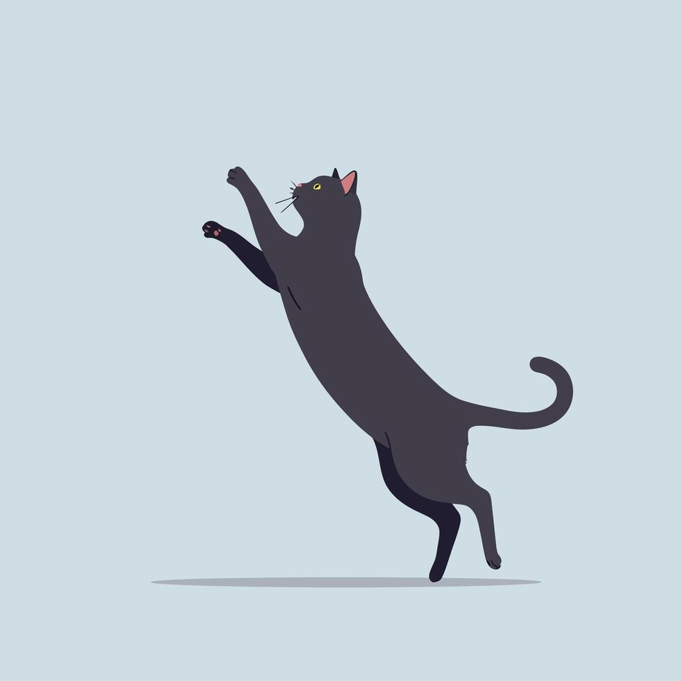Black cat jumping playful silhouette illustration on light blue background with shadow vector