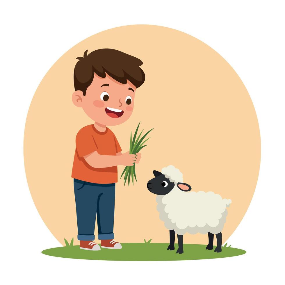 Boy feeding sheep with green grass in cartoon style on beige background illustration vector