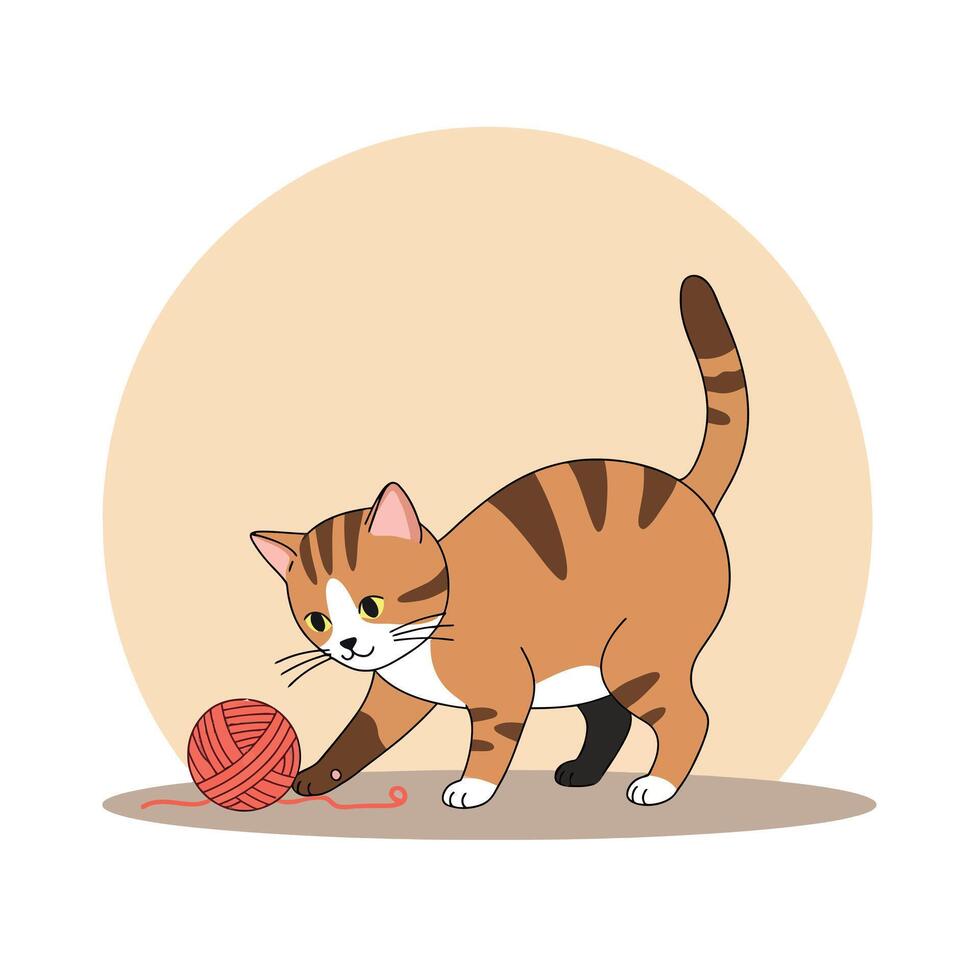 Brown Tabby Cat Playing with Red Yarn Ball Illustration in Light Beige Background vector