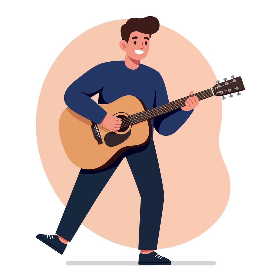 Man playing acoustic guitar standing and smiling with casual outfit illustration vector