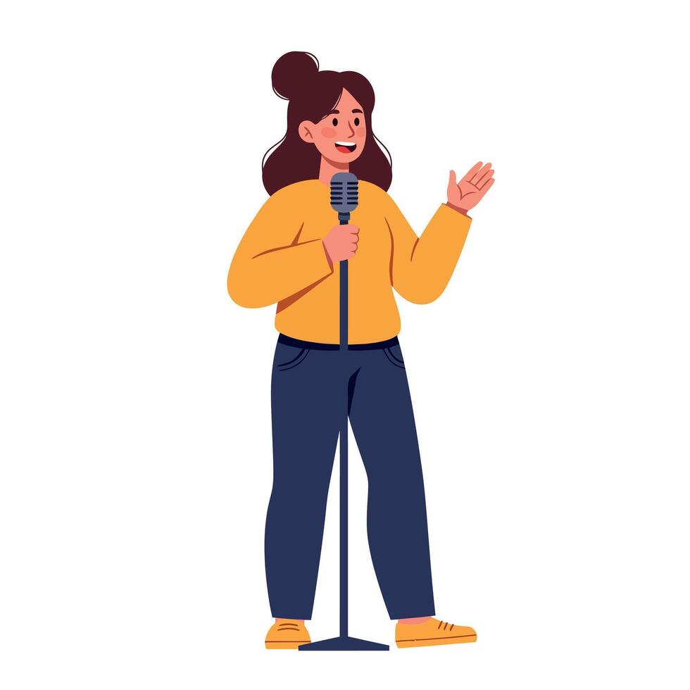 Woman standing and speaking on stage with microphone in casual outfit illustration vector