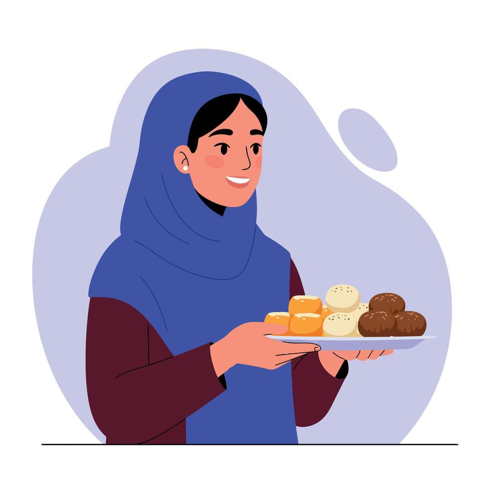 Woman wearing blue hijab holding a tray of assorted bread rolls smiling natural illustration vector