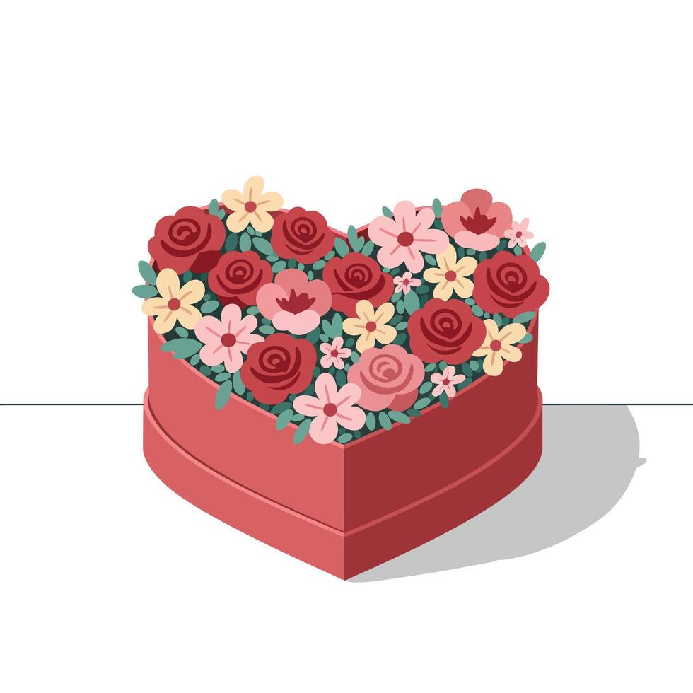 Heart shaped box filled with red roses and pink flowers for romantic occasions and gifts vector