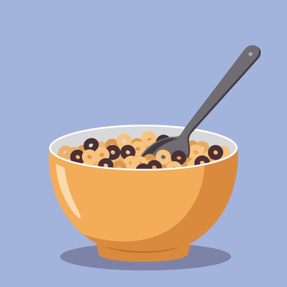 Breakfast cereal bowl with spoon and chocolate rings in orange bowl illustration vector