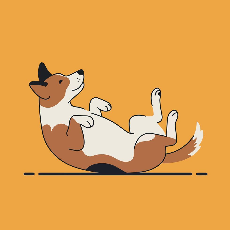 Welsh Corgi Dog Lying on Back Relaxing on Orange Background Illustration vector