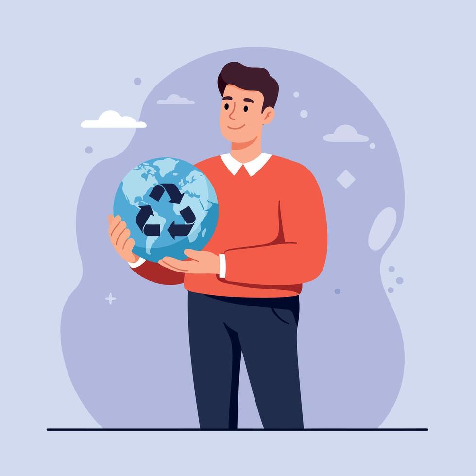 Man holding globe with recycling symbol promoting environmental awareness and sustainability in modern lifestyle illustration vector