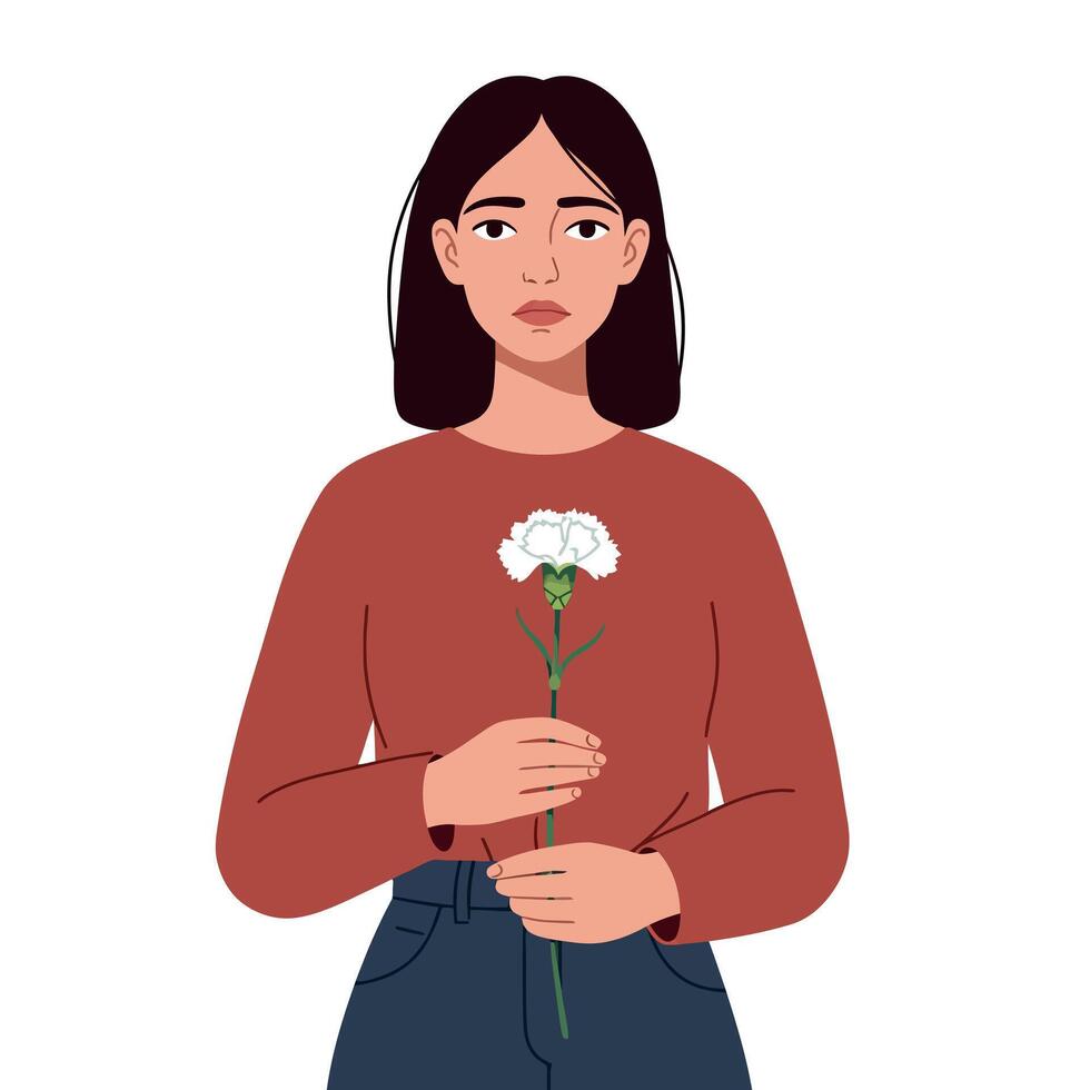 Woman holding white carnation flower in red sweater and blue jeans illustration for thoughtful emotion and calm mood vector