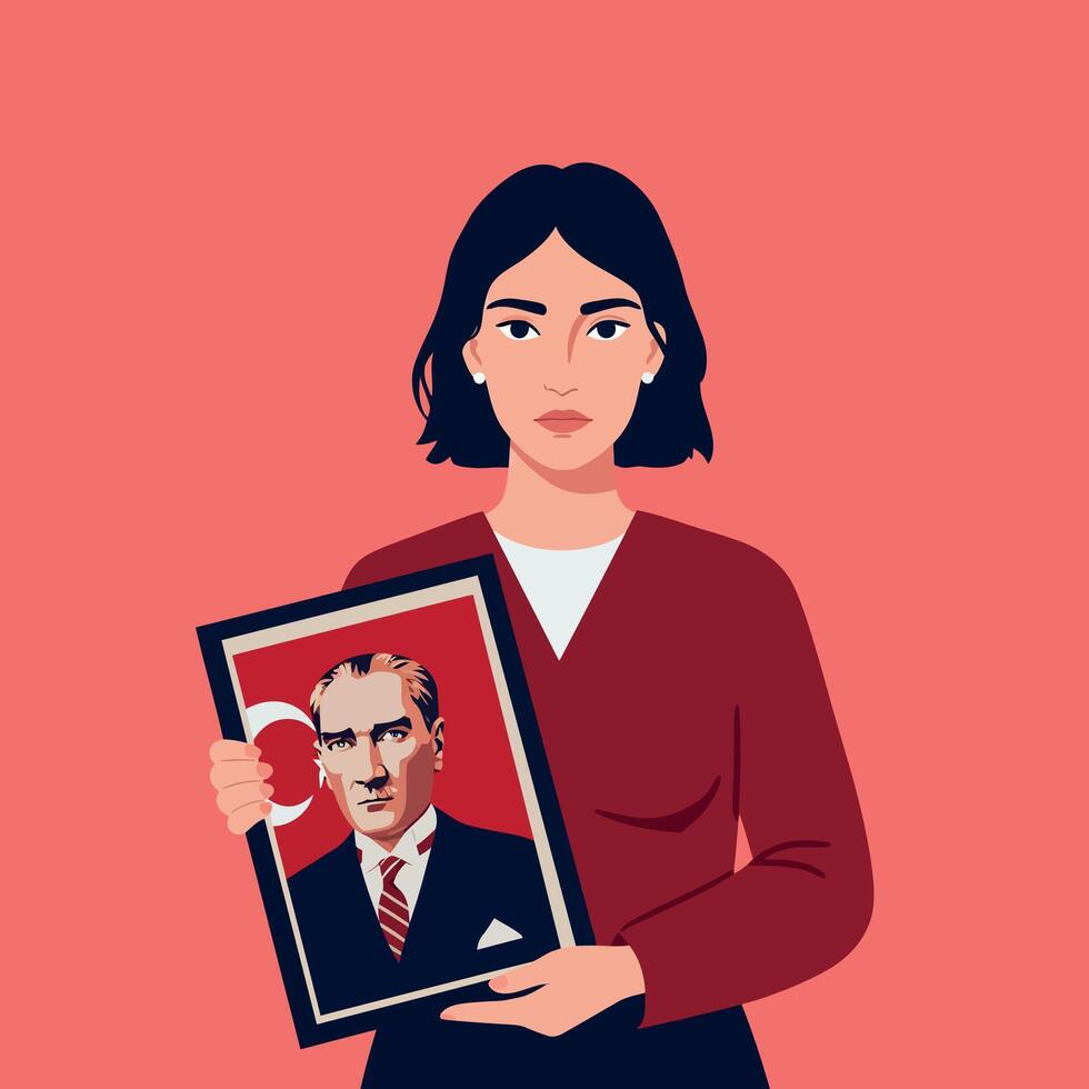 Woman holding framed portrait of Mustafa Kemal Ataturk in red background illustration vector