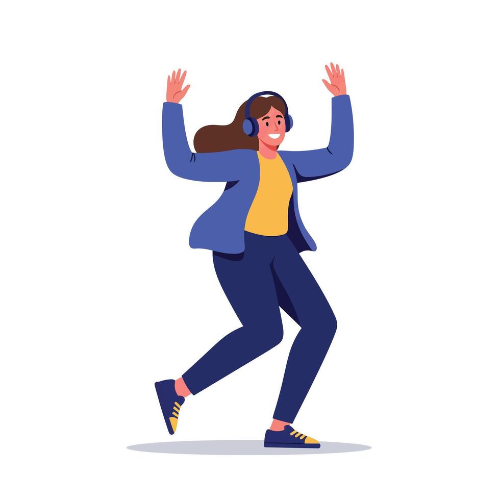 Young woman dancing happily with headphones on wearing blue jacket and yellow shirt illustration vector