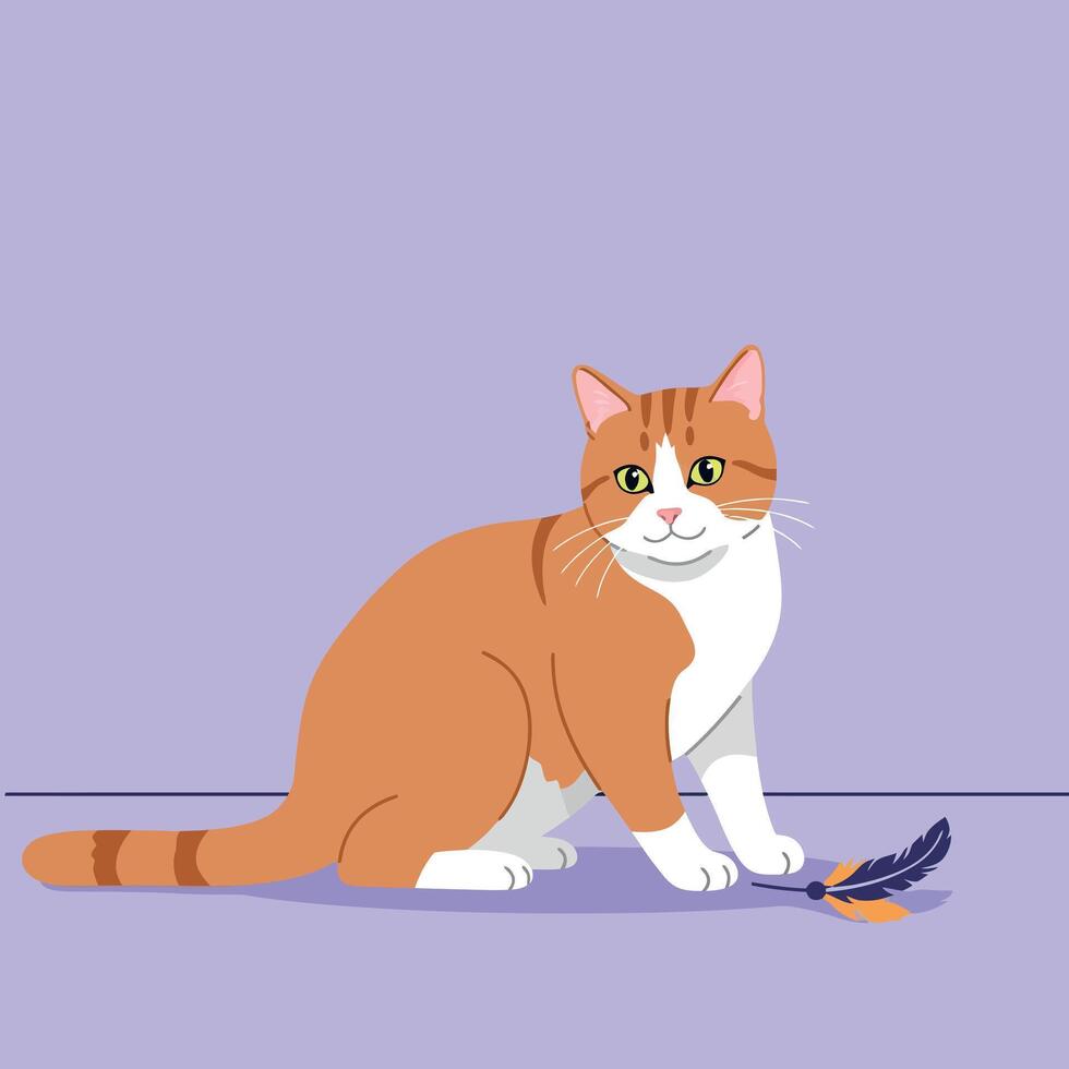 Orange and white cat playing with feather toy on purple background illustration vector