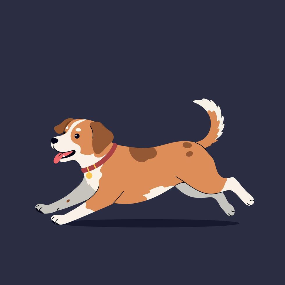 Running brown and white dog with collar and tongue out on dark background illustration vector