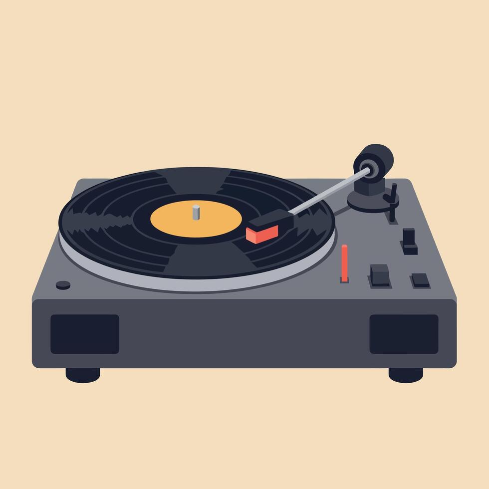 Vintage turntable playing vinyl record with tonearm and buttons on beige background illustration vector