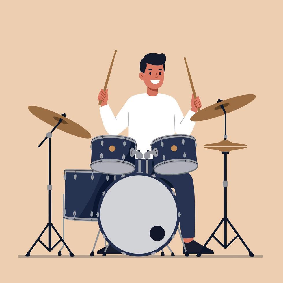 Young man playing drum set with drumsticks in music practice session illustration vector