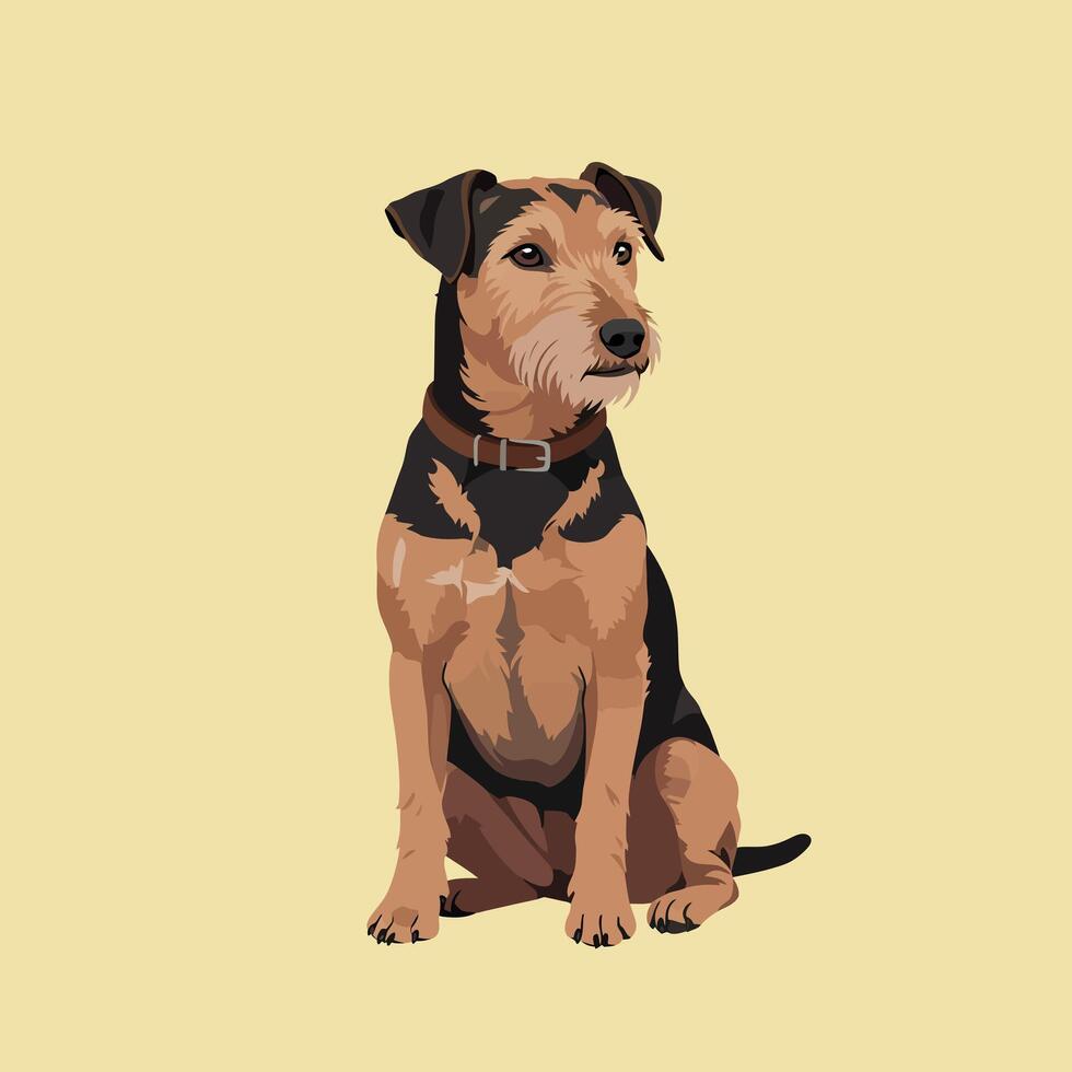 Dog sitting attentively in illustration with black and brown fur on beige background natural pet portrait vector